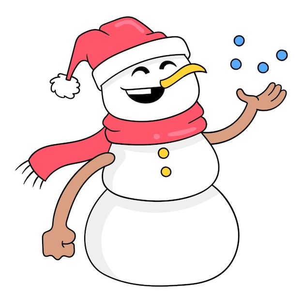 スカーフを身に着けている雪だるまは、冬のベクトルイラストアート落書きアイコン画像カワイイを喜んで歓迎しています