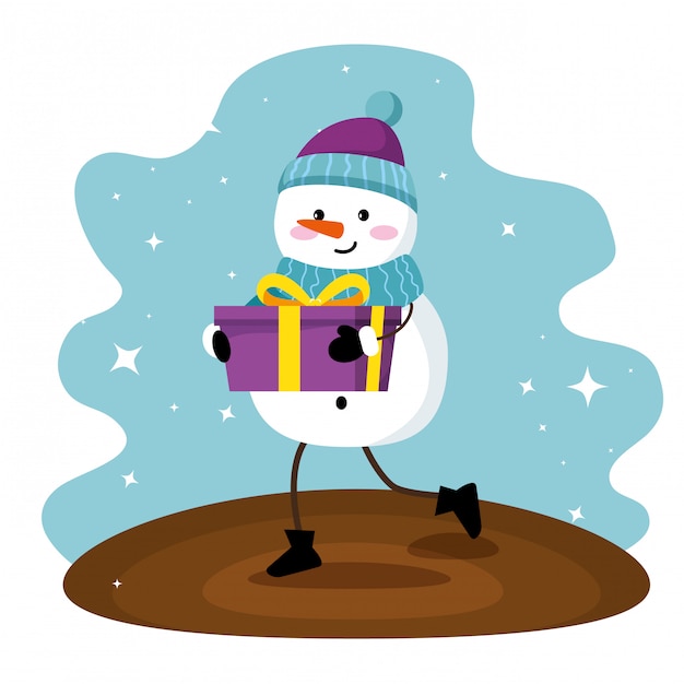 Snowman wearing hat and scarf with christmas gift