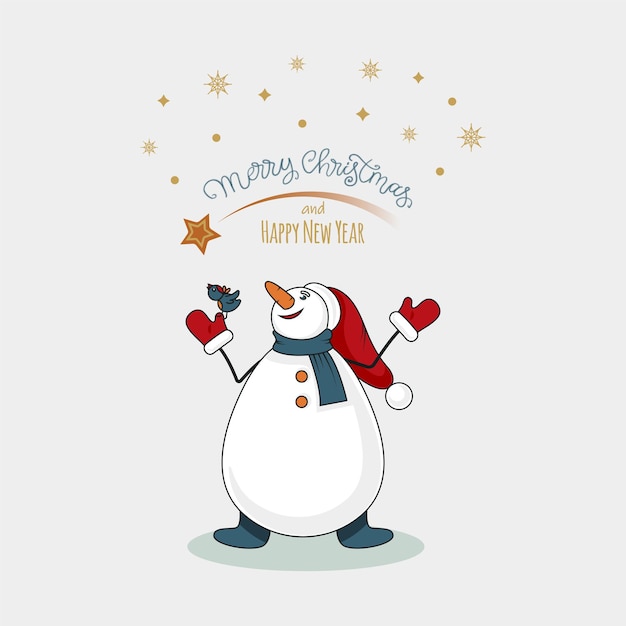 Vector snowman with bird looking at the star christmas and new year celebration cartoon flat vector