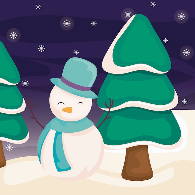 Снеговик с елкой на зимнем пейзаже