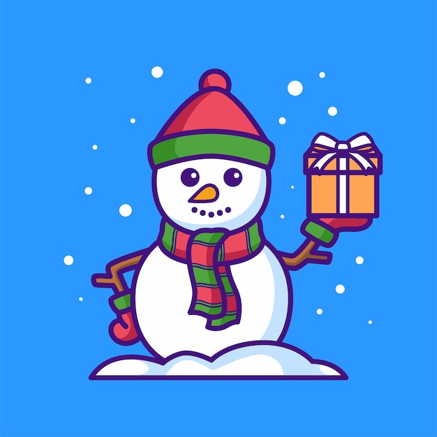 snowman with hat and gift isolated on blue