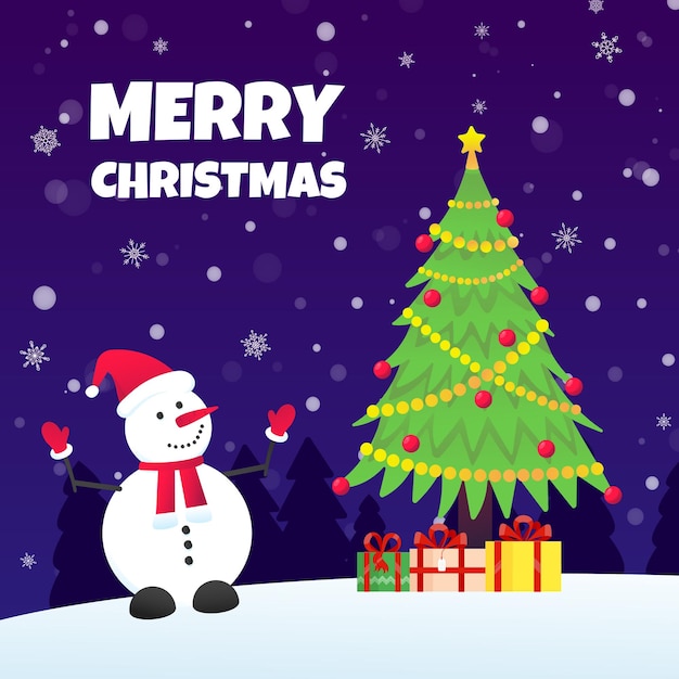 The snowman with hat gloves christmas tree fir and present gifts with falling snow flat style design