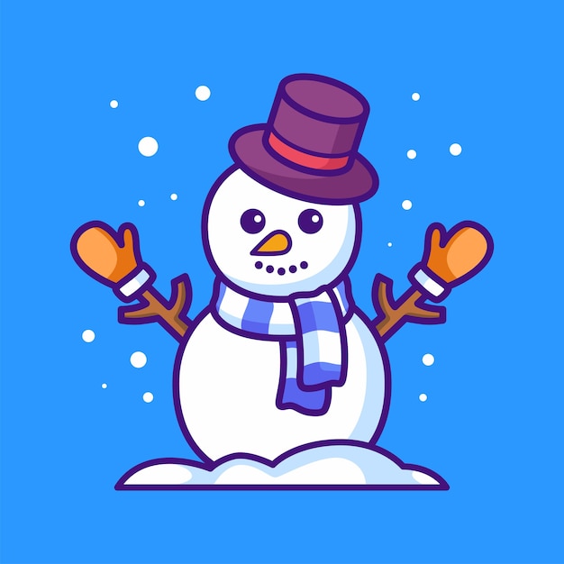 Snowman with hat and gloves isolated on blue