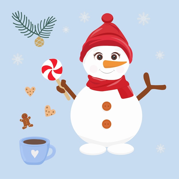 Vector snowman with lollipop and coffee cup