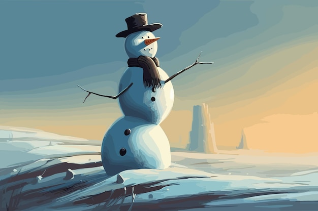 Vector a snowman with a red hat and a red hat is in a snowy forest