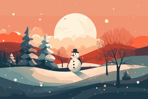 Vector a snowman with a red hat and a red hat is in a snowy forest