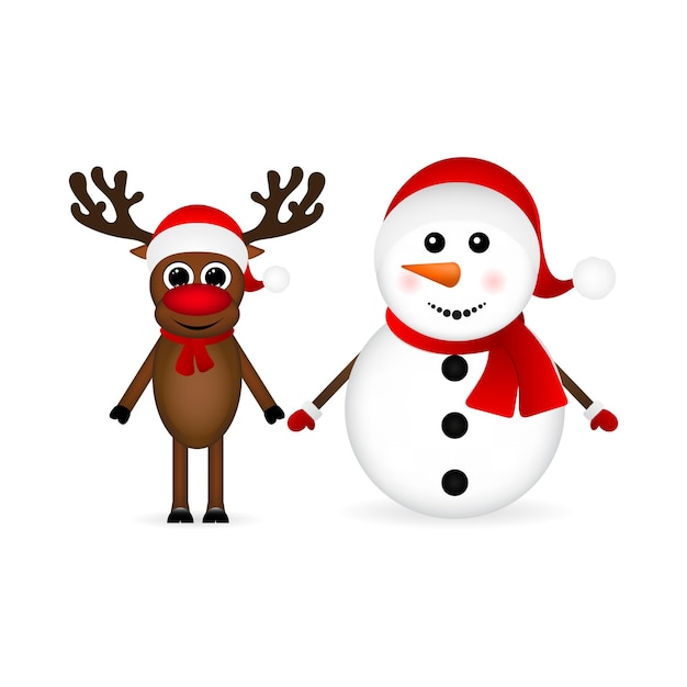 Snowman with reindeer standing on a white background vector illustration