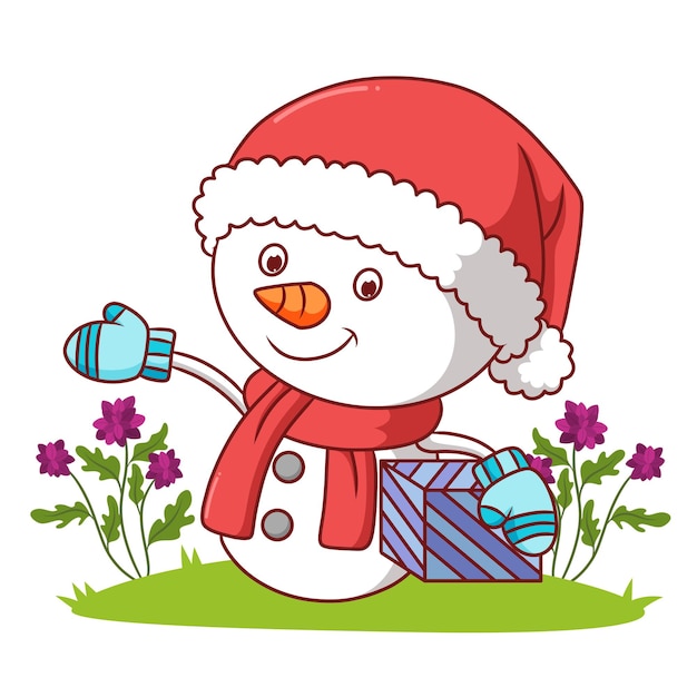 The snowman with the santa hat is holding a gift of illustration