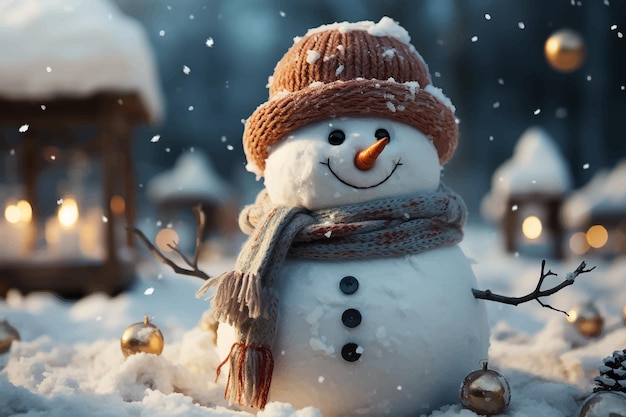 Snowman with scarf in winter 3drendering