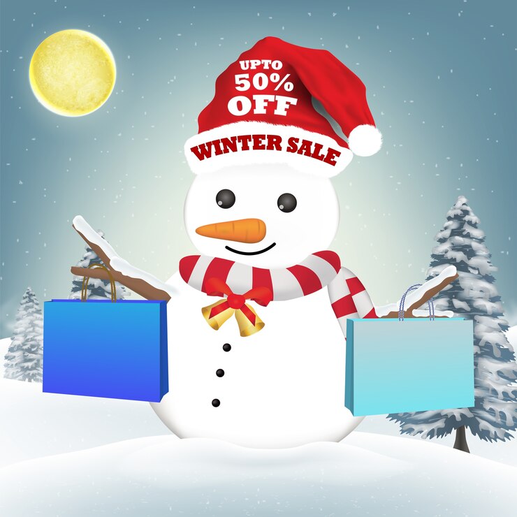 Vector snowman with winter sale shopping paper bag