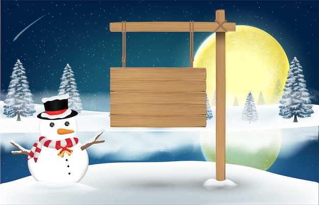 Vector snowman with wood board sign on night winter lake