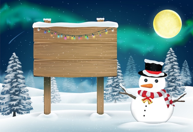 Vector snowman and wood board sign in nigth winter forest