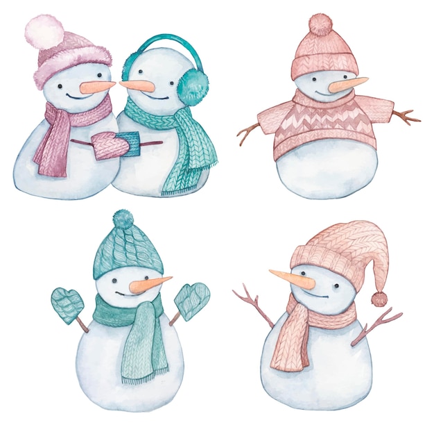 Снеговики акварельный клипарт, милые снеговики в свитерах