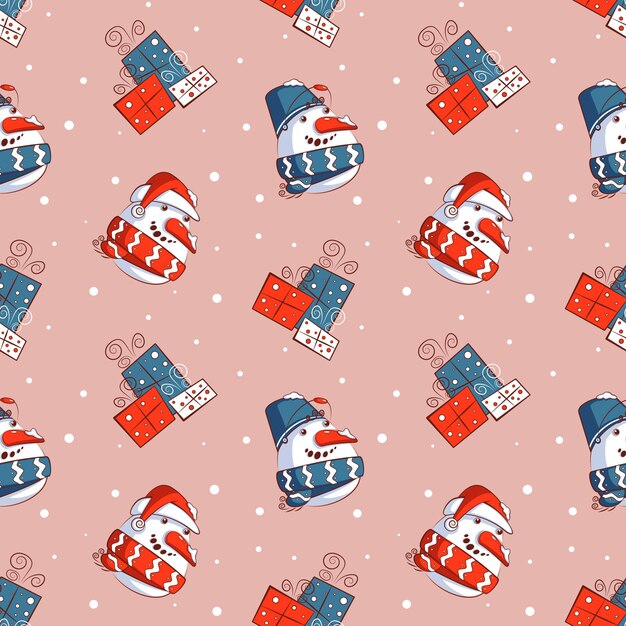 Vector snowmen and gifts on a pink background.