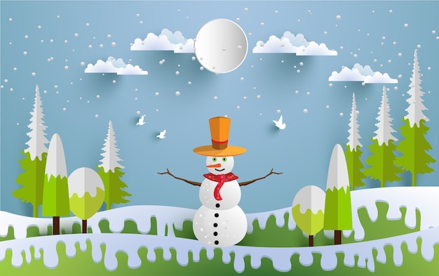  snowmen illustrations in winter for backgrounds, posters or wallpapers. paper art design