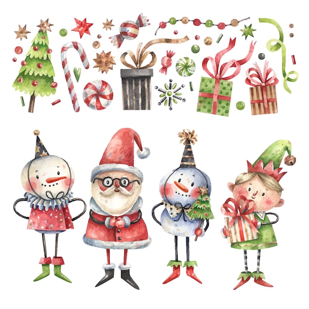 snowmen, santa claus, elf and holiday elements cartoon collection. watercolor illustrations