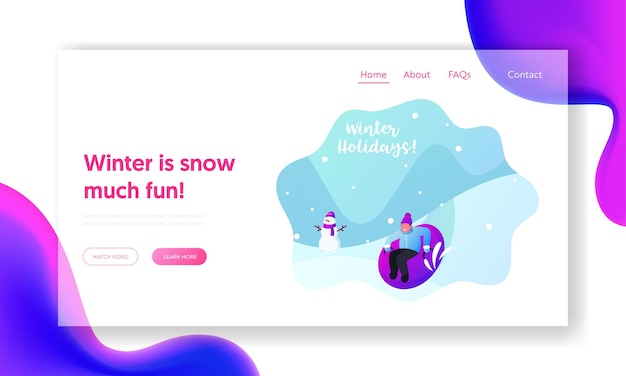 Snowtubing outdoors winter activity landing page template. boy sliding off snow hill on tubing at park or resort. child character in knit hat sledging at inflatable tube. cartoon vector illustration