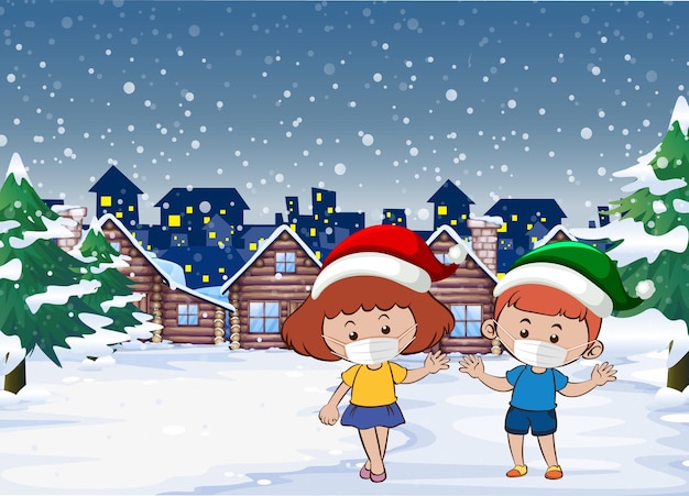 Snowy christmas night scene with children wearing masks