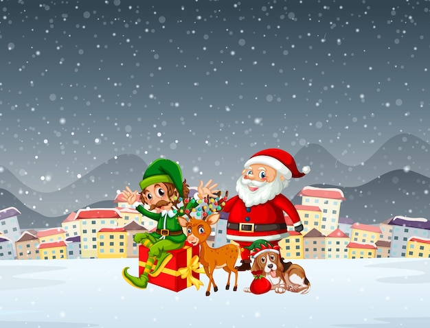 Snowy Christmas night scene with Santa Claus and friends