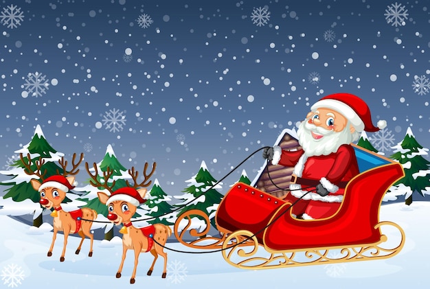 Vector snowy christmas night with santa claus on sleigh