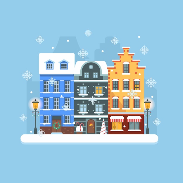 눈 덮인 크리스마스 거리의 평평한 풍경에는 화려한 유럽 주택과 새해 장식이 있습니다. 구시가지 건물 정면과 눈이 내리는 크리스마스 유럽 도시의 겨울 배경