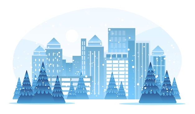 Vector snowy city street with fir trees and buildings urban cityscape background horizontal