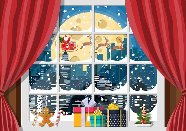 Snowy cityscape with santa on window