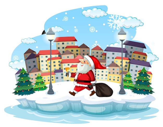 Vector snowy day with santa claus delivering gifts in the town