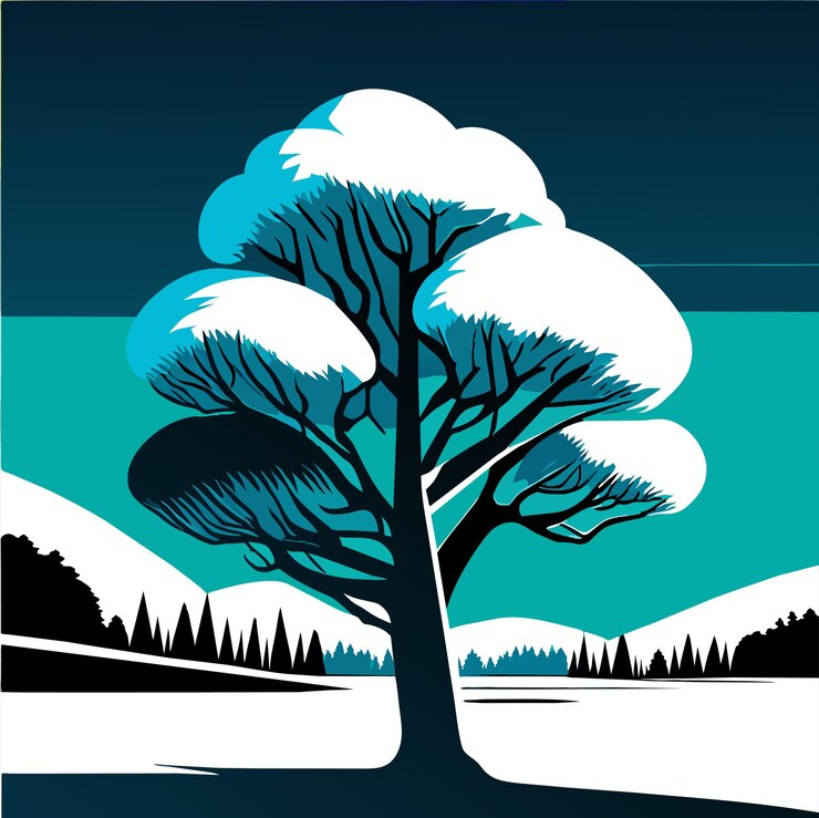 Vector snowy deciduous tree standing tall amid a serene winter landscape its branches