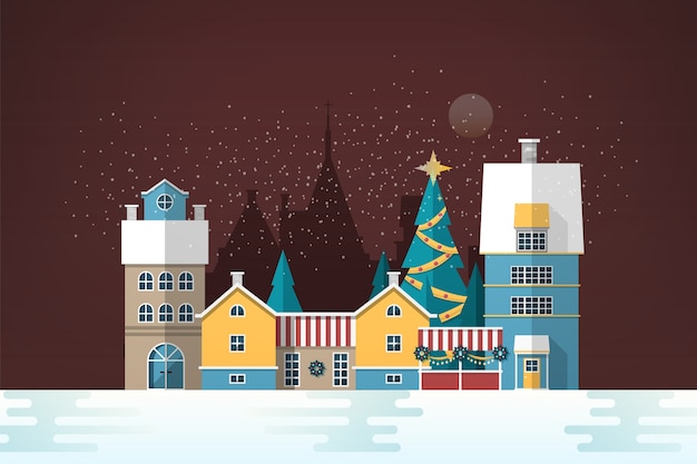 Vector snowy evening landscape with small european city