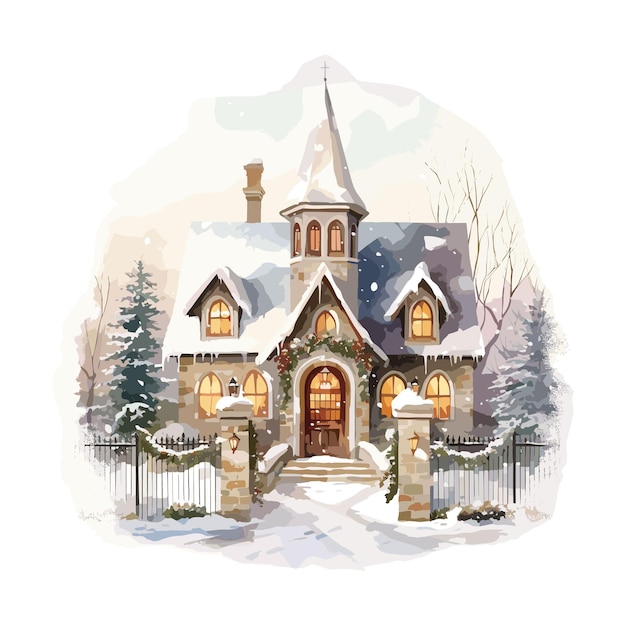 Snowy fir forest winter house watercolor vector illustration isolated on white background