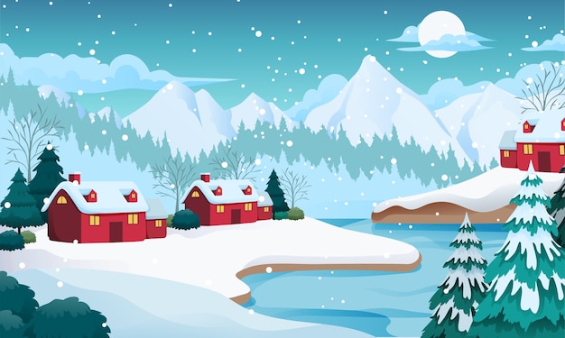 Illustrazione di paesaggio invernale del lago innevato con montagna, case, albero di abete rosso, concetto di legno morto