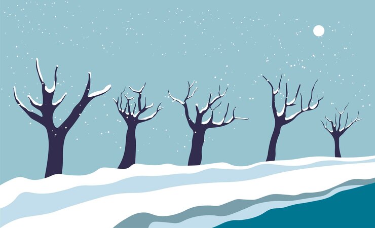 Vector snowy landscape, street with row of trees vector