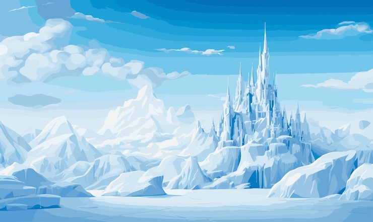 Vector snowy landscape with ice castle vector simple 3d isolated illustration