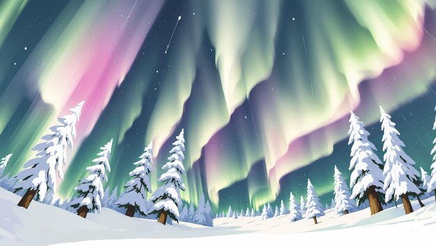Вектор Снежный пейзаж с соснами и северным сиянием аврора, нарисованная вручную