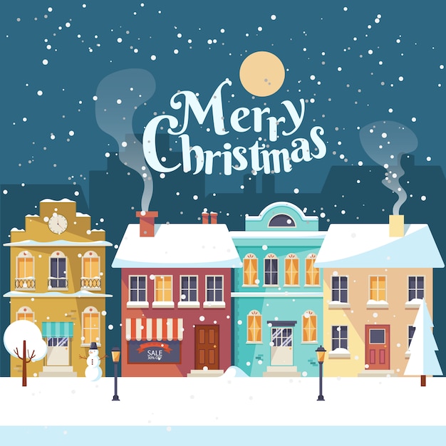 Snowy merry christmas night in the cozy town greeting card