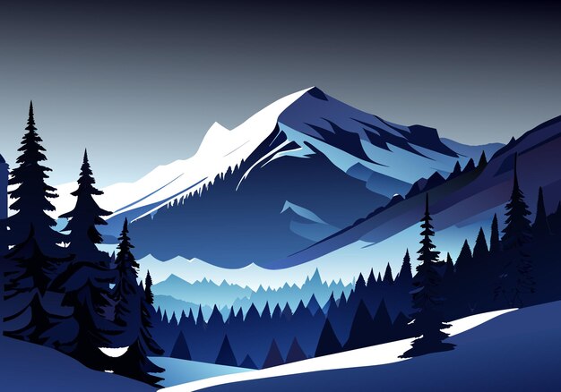 snowy mountain landscape at winter nightfall with frost