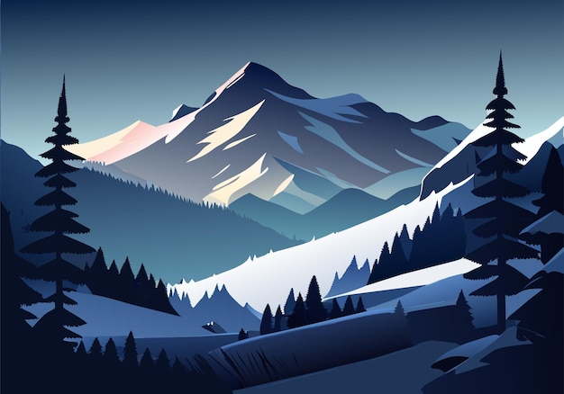 snowy mountain landscape at winter nightfall with frost