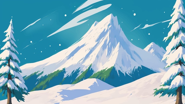 Snowy Mountain Landscape with Pine Trees Hand Drawn Painting Illustration