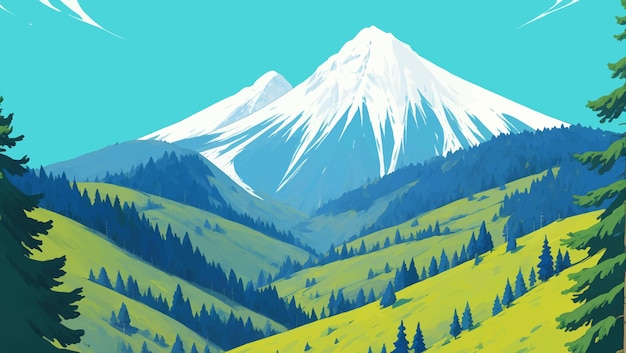 소나무와 녹는 눈 손으로 그린 그림 삽화가 있는 눈 덮인 산 풍경