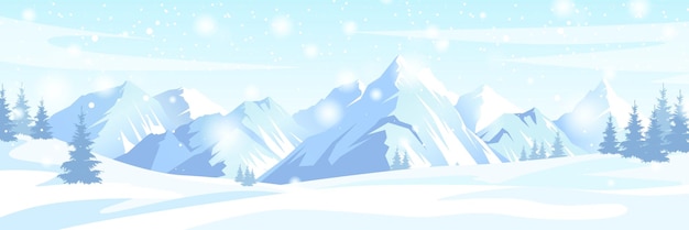 Snowy mountain landscape with pine trees and snowfall vector illustration