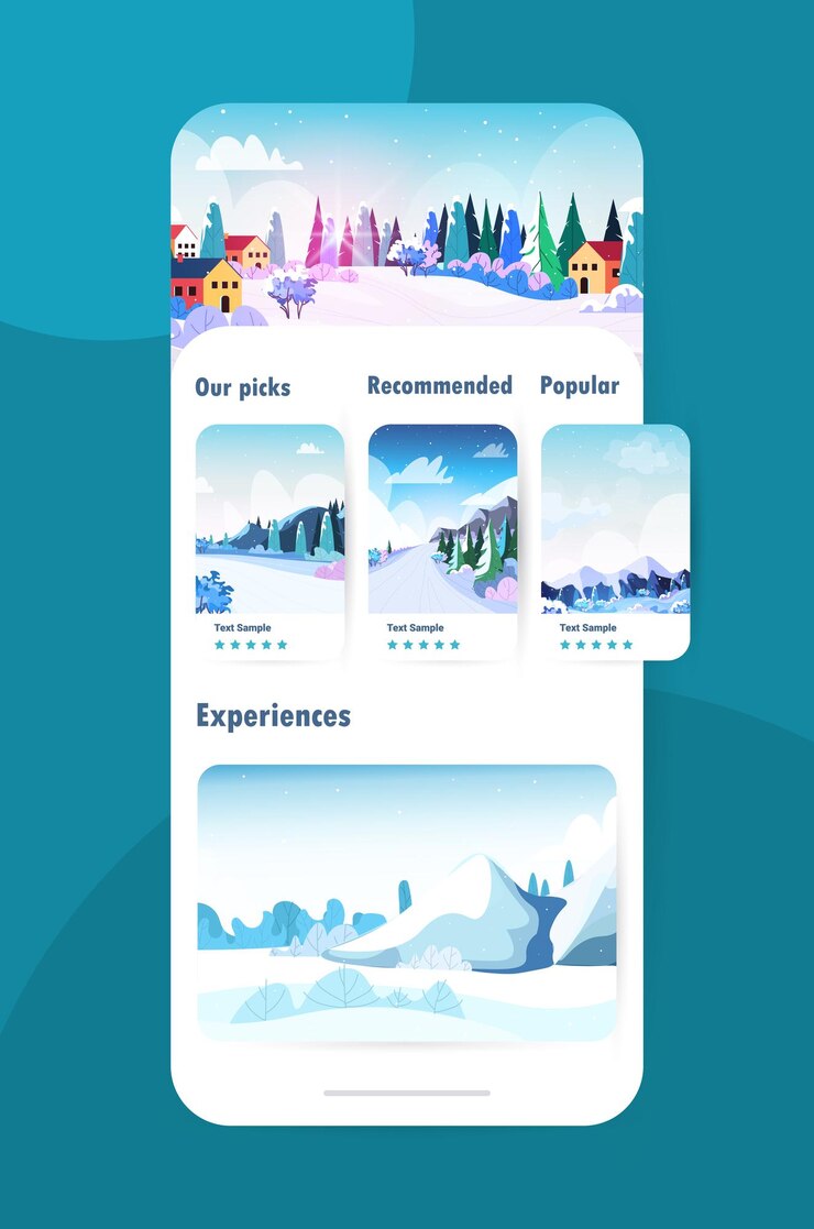Vector 雪山山脈 美麗的自然 智能手機螢幕上的明信片 景觀背景 滑雪場