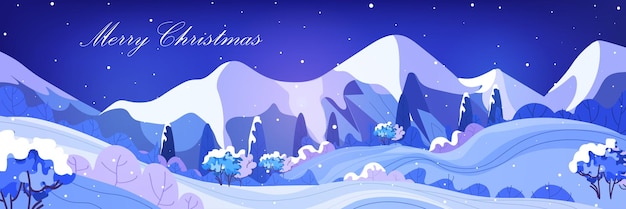 Catena montuosa innevata bellissima natura paesaggio notturno sfondo stazione sciistica concetto lettering biglietto di auguri illustrazione vettoriale orizzontale