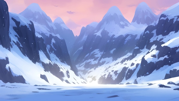 Snowy mountains and hill scenery during the dawn or dusk detailed hand drawn painting illustration