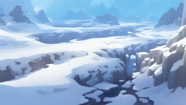Снежные горы и холмы Панорамный вид с высоты птичьего полета в течение дня Подробная рисованная вручную иллюстрация