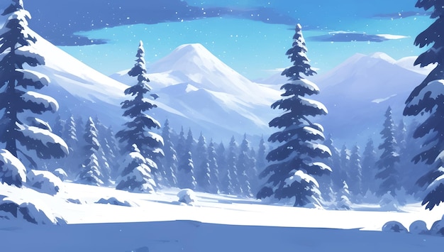 Snowy Mountains and Hills with Pine and Fir Trees Scenery Detailed Hand Drawn Painting Illustration