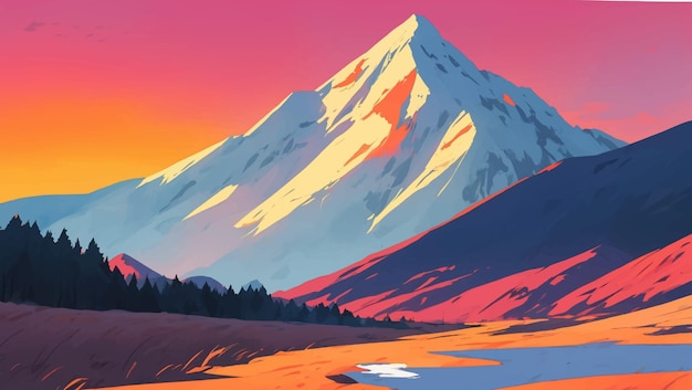 Snowy Mountains Landscape During Dusk or Dawn with Vibrant Colors Hand Drawn Painting Illustration