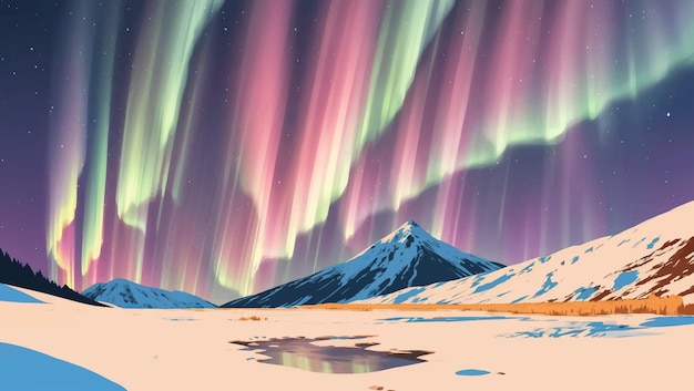 Paesaggio delle montagne innevate con le luci dell'aurora nell'illustrazione disegnata a mano della pittura del cielo notturno