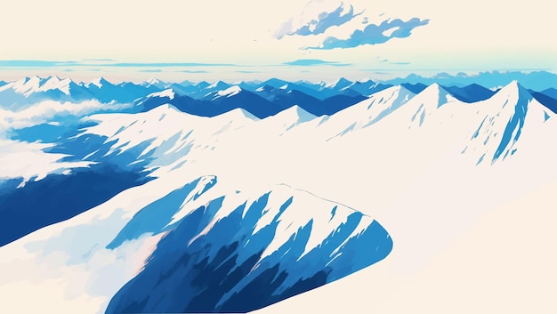 Paesaggio di montagne innevate con illustrazione disegnata a mano della pittura di colori pastelli