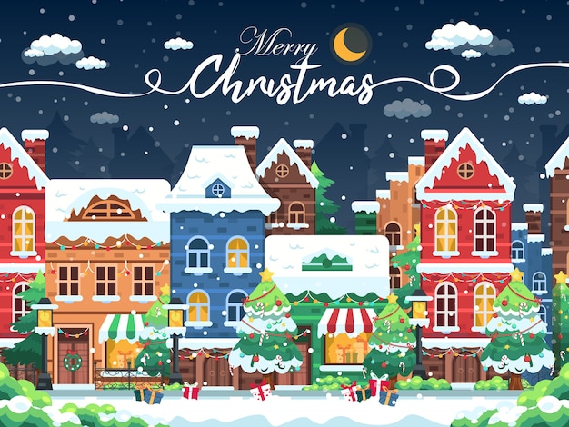 Vector snowy night in cozy christmas town city panorama. winter christmas village night landscape